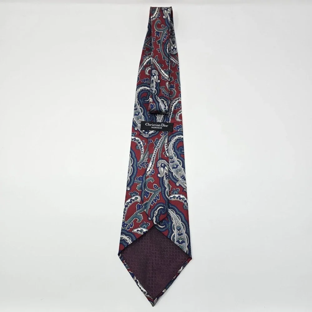 Christian Dior Monsieur Silk Tie Burgundy Blue Paisley Vintage Designer Necktie